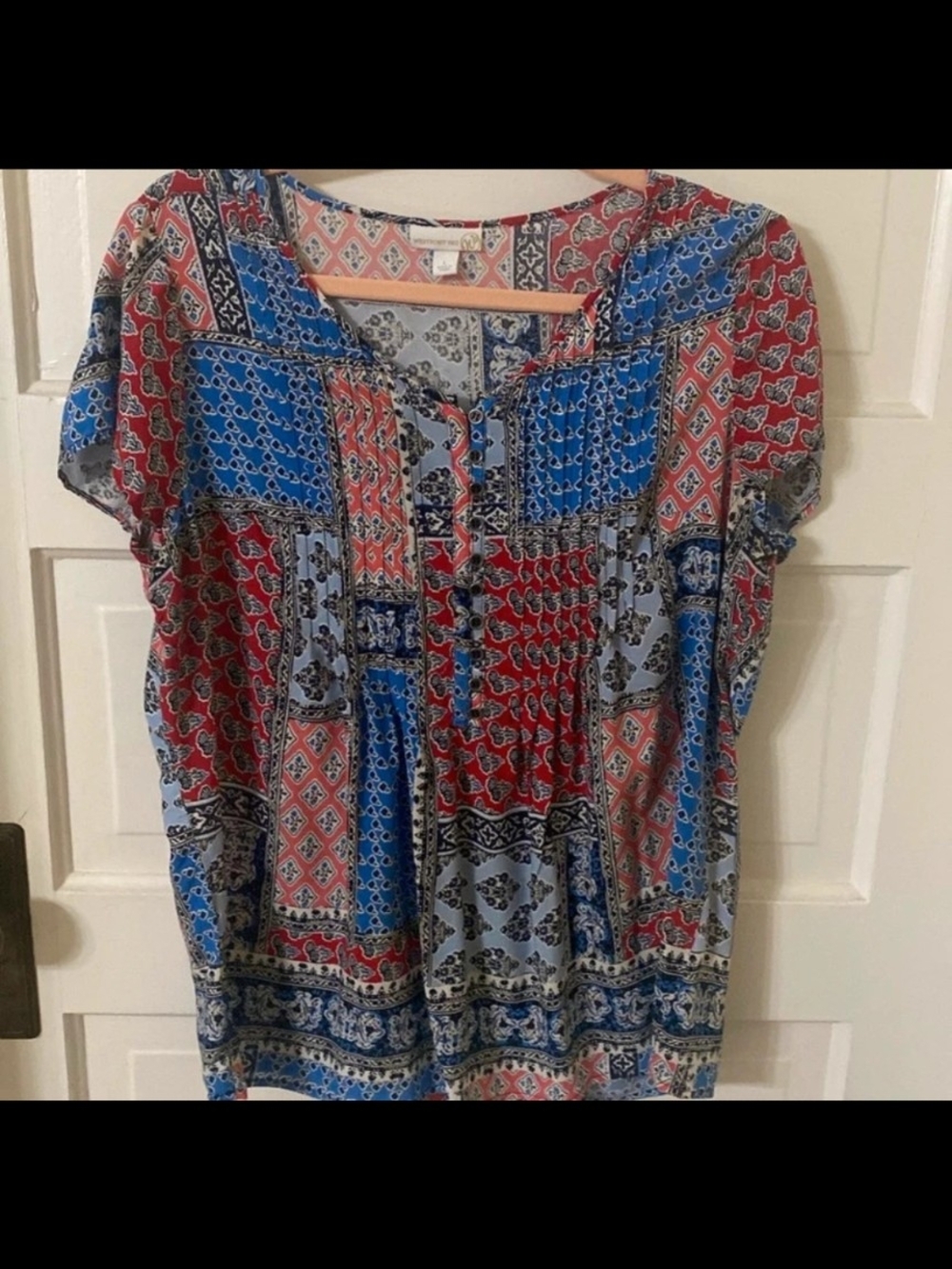 Westport Multicolor Geometric Patch Print Blouse - Coral, Blue, Navy